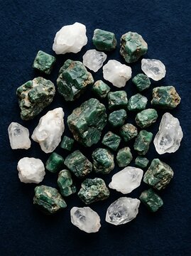 A collection of raw emerald crystals and white quartz stones arranged on a dark blue background