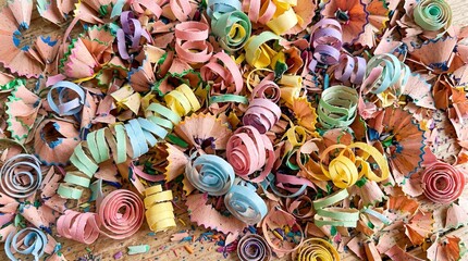 Fototapeta premium Colorful pencil shavings texture, curled shapes, vibrant pastel colors, creative school aesthetic, abstract background