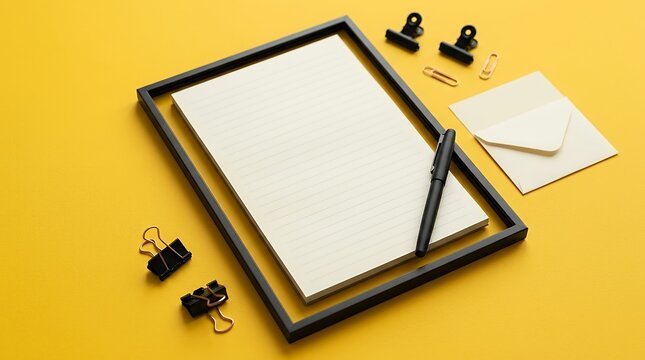 Modern Stationary Concept Showing Framed Notepad And PenAgainst High Contrast Yellow Surface notebook notepad pen stationery office yellow background frame framed paper document write writing