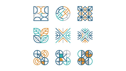 Fototapeta premium Set of nine abstract circular and leaf-inspired icons in teal and gold.