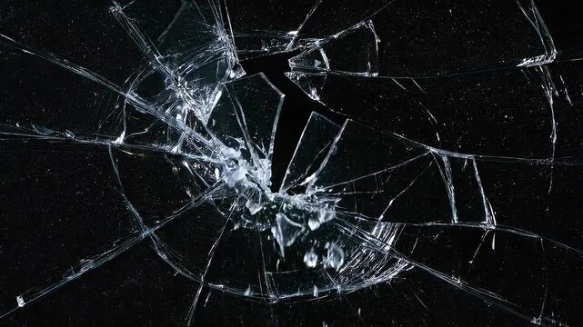 Cracked glass exploding into fragments against a dark black background, creating a bold and dynamic visual effect.
