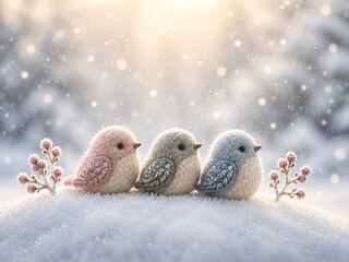Obraz premium Three small cute knitted birds sitting together on a snowy hill in a winter forest with soft sunlight and falling snowflakes in the background