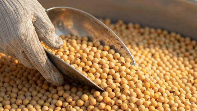 A gloved hand uses a scoop to pour freshly harvested soybeans into a container, with large grain silos and a port crane in the background.