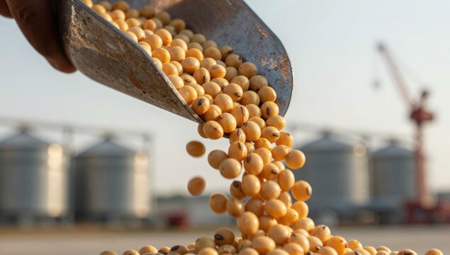 A gloved hand uses a scoop to pour freshly harvested soybeans into a container, with large grain silos and a port crane in the background.