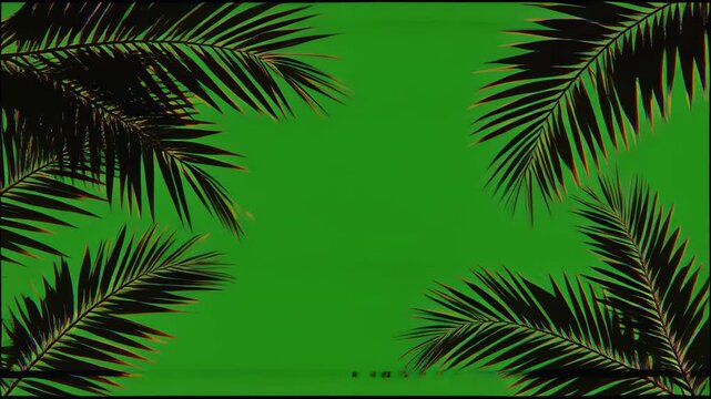 Tropical Palm Leaves pattern against vibrant green background with glitch effect for vacation vibes
