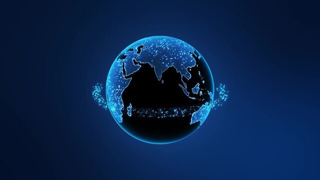 A glowing Earth rotates against a deep blue background while particles form a data belt around the planet. Useful for global commerce, internet systems, logistics, research and digital transformation.