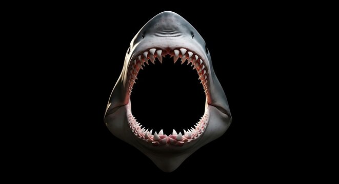 Great white shark opening jaws with sharp teeth on black background