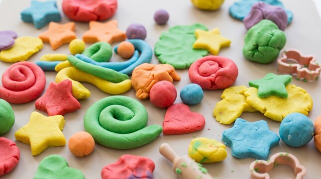 Play dough texture, colorful soft shapes, rounded forms, creative children's craft material, seamless background