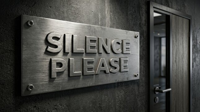 A Metallic Silence Please Sign Mounted On A Textured Wall Next To A Door