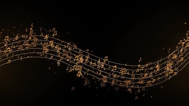 A luminous wave of notes and treble symbols curves across a dark background with warm sparkles. Useful for albums, playlists, theater, dance, broadcasting, vocal projects, music intros and promotions.