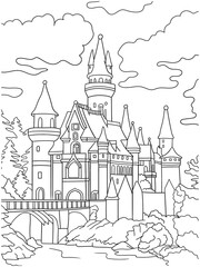 Magical fairytale castle with towers, bridge, and clouds vector line art illustration. Enchanted medieval palace landscape, perfect for fantasy coloring book pages for kids and adults.
