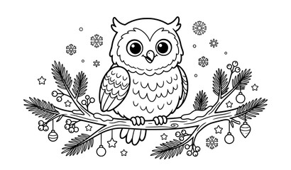 Fototapeta premium Adorable Winter Owl on Branch – Holiday Coloring Sheet for Kids