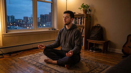 Fototapeta premium Man meditating in lotus position indoors at dusk with city view