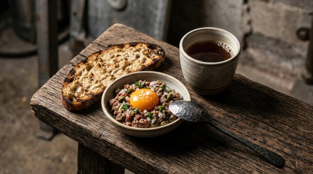 Gourmet Steak Tartare with Raw Egg Yolk, Toasted Bread and Coffee on a Rustic Wooden Table Bench