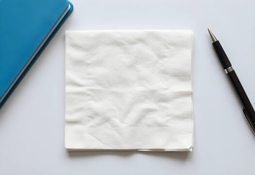 Blank white napkin for notes and ideas, business planning and creative thinking, with a notebook and pen on a clean desk