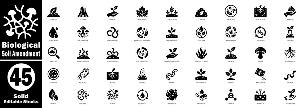 Biological soil amendment solid icons set. editable stroke. vector illustration