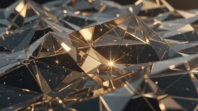 Abstract metallic geometric background with shimmering light, reflections and dynamic low poly motion