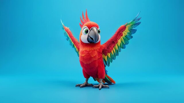 Vibrant macaw bird in various poses during a cinematic studio shoot with soft lighting