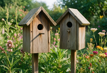 Fototapeta premium Wildlife habitat and backyard birding, two rustic wooden birdhouses in a lush garden with wildflowers