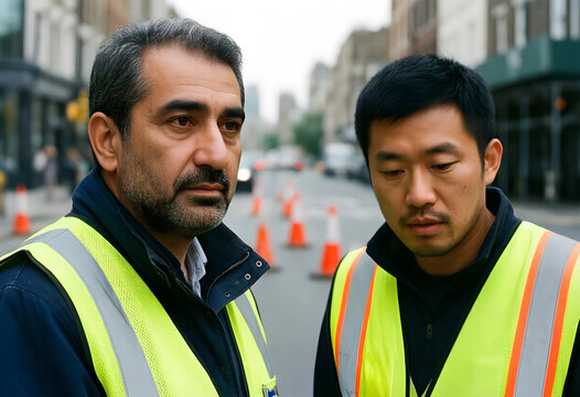 Diverse construction workers on urban street, infrastructure development and road maintenance, essential workers in city environment