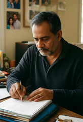 Obraz premium Adult education and lifelong learning, mature man writing in a notebook at home, focused on personal development