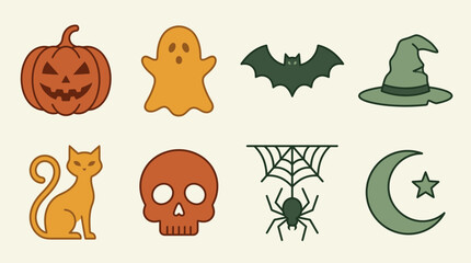 Obraz premium Minimalist Halloween Vector Icon Set with Pumpkin, Ghost, Bat, and Skull