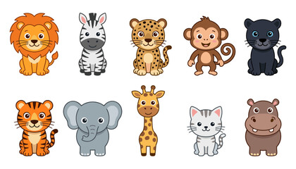 Obraz premium Cute safari animals vector characters set featuring cartoon lion zebra leopard monkey panther tiger elephant giraffe cat and hippo for kids design