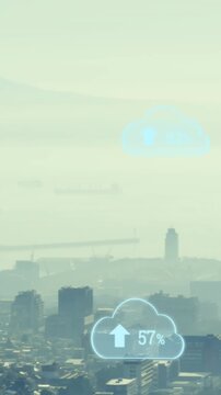Animation of multiple cloud icons with increasing percentage against aerial view of cityscape
