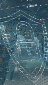 Animation of security padlock icon and data processing over world mal and network of profile icons