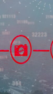 Animation of network of digital icons and changing numbers over globe of network of connections
