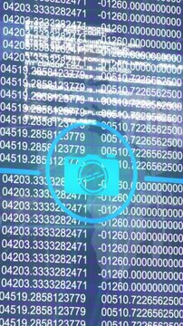 Animation of network of digital icons against statistical data processing and binary coding