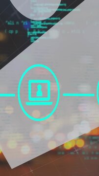 Animation of network of digital icons and statistical data processing against night city traffic