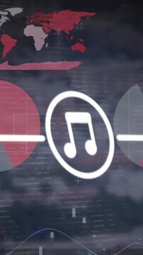 Animation of network of digital icons over statistical data processing against grey background