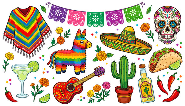 Mexican fiesta vector element set featuring colorful poncho pinata sombrero guitar cactus taco tequila sugar skull and bunting garland decorations