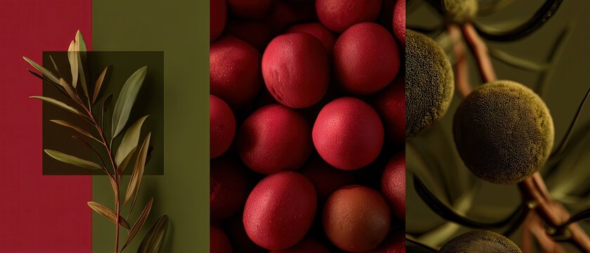 botanical mood board collage with red berries olive leaves and texture