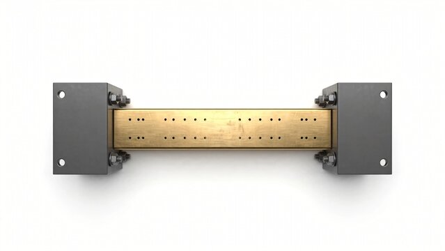 Industrial brass busbar shunt with heavy duty metal mounting brackets isolated on white