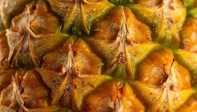 Macro extreme close up of fresh organic pineapple skin rind texture with water droplets