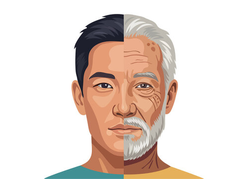 Split face illustration of an East Asian man showing youth and aging progression, vector portrait concept.