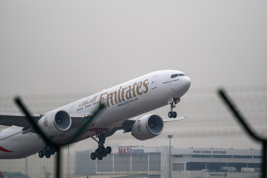 Emirates aircraft taking off at KLIA on August 18, 2026 in Sepang, Malaysia