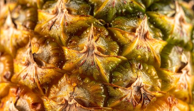 Detailed Macro Shot of a Ripe Pineapple Skin Showing Natural Geometric Textures and Tropical Colors