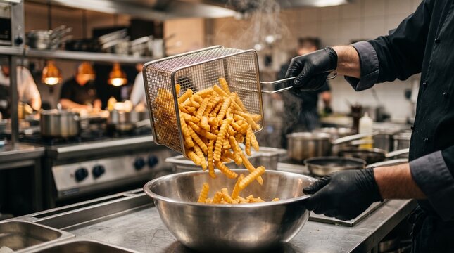 Professional chef wearing black gloves carefully pours hot crispy golden crinkle cut french fries from a metal wire basket into a large silver bowl inside kitchen