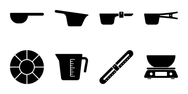 Kitchen Measuring Tools Vector Icons: Cups, Scales, and Spoons for Cooking and Baking