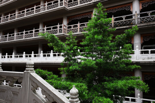 Traditional chinese Buddhist temple with wooden pagoda architecture