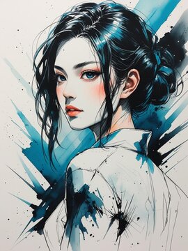鮮やかな青と墨が彩る女性