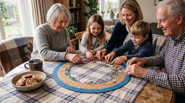 Three generations of a happy family including grandparents and grandchildren cooperate to solve a challenging circular jigsaw puzzle on a rustic wooden dining table indoors today.
