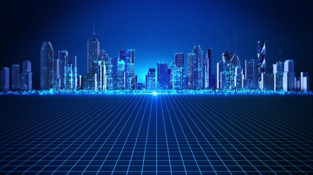 virtual city skyline glows precision grid, artificial intelligence, infrastructure, digital twins, physical AI, autonomous mobility, predictive urban systems, intelligent buildings, future development