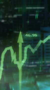 Animation of financial data processing and arrows over cityscape