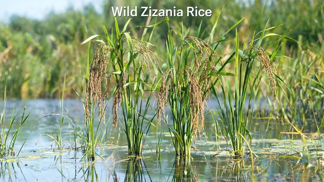 Wild Zizania rice growing in marsh water, mature grain panicles above water surface
