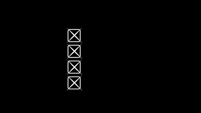 four Bullet point multiple choice checklist presentation boxes. hand drawn white crosses on a plain simple black background. Motion graphics of cross mark concept. 4k video. See Less