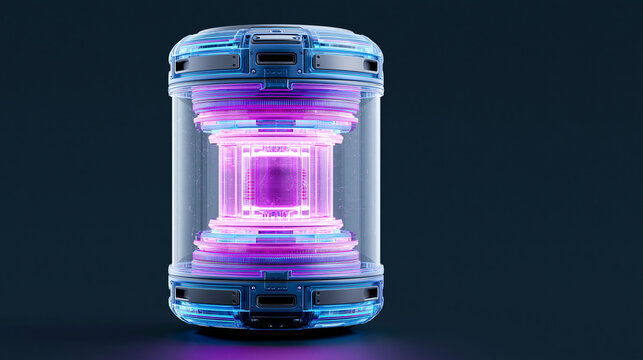 Futuristic quantum computer core housed in glass capsule with purple plasma energy rings.